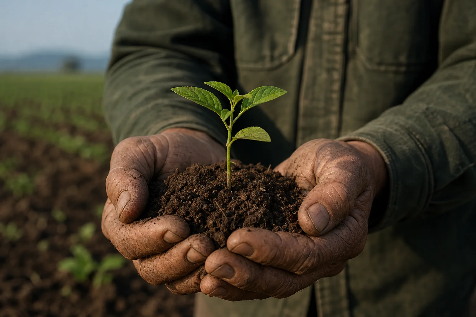 Weathered hands holding healthy soil and a young seedling